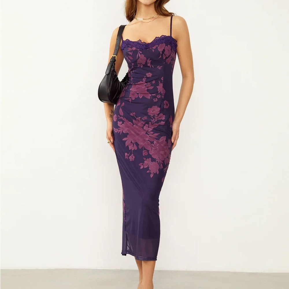Tied lace trim floral mesh long dress
